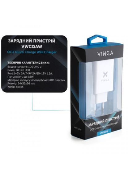 Зарядний пристрій Vinga qc3.0 quick wall charger 1xusb 18w max (272823710)
