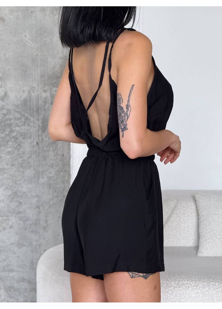 Жіночий літній комбінезон Україна комбінезон-шорти однотонний чорний кежуал льон, шовк