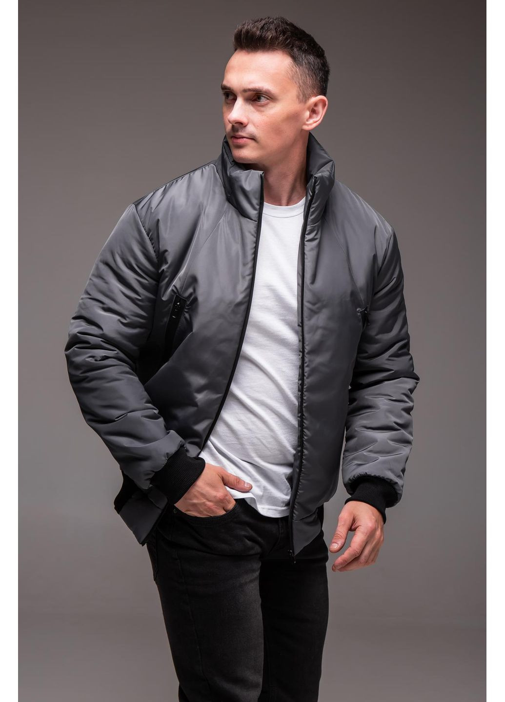 Сіра демісезонна куртка бомбер утеплена чоловіча No Brand