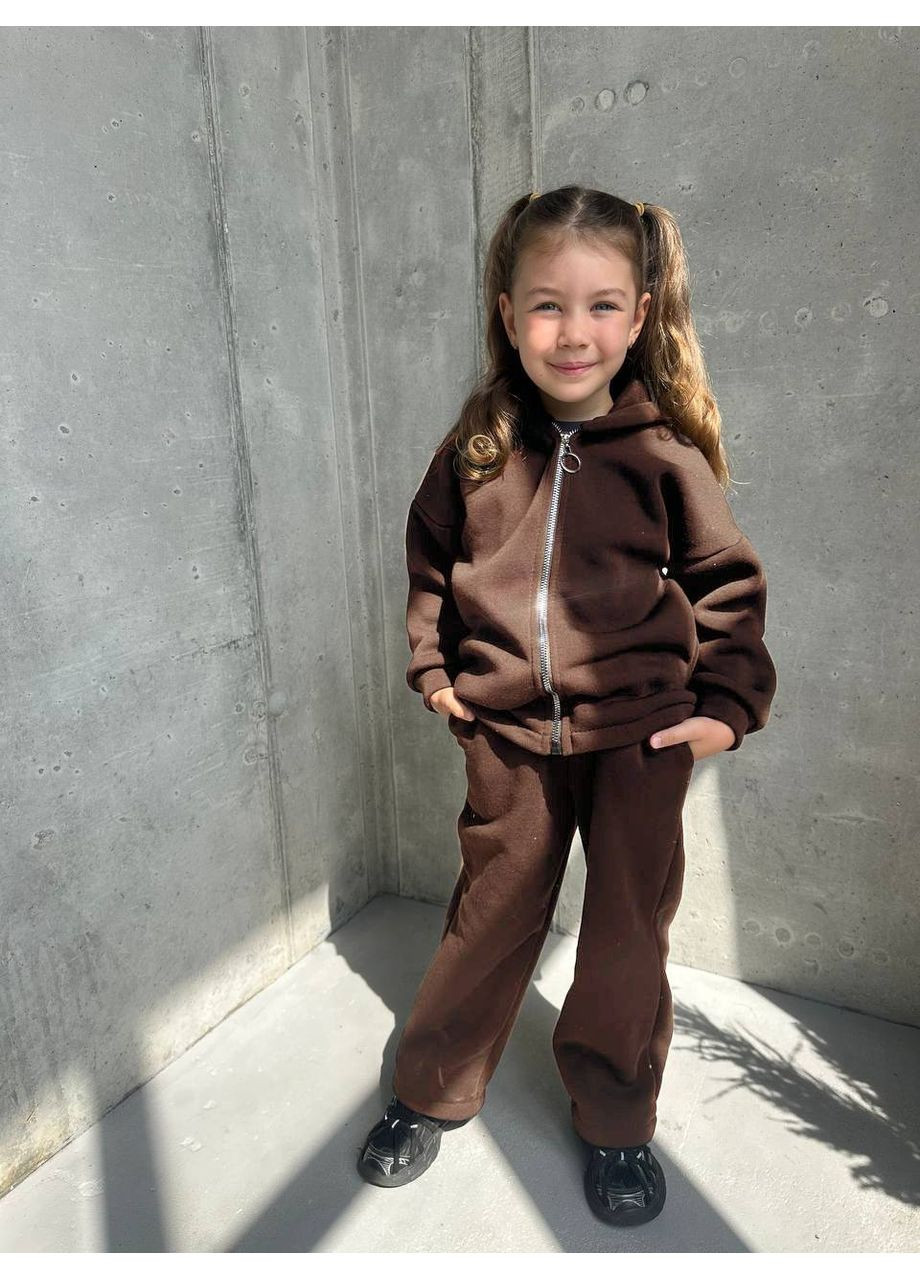 Темно-коричневий демісезонний костюм трендовий теплий штани палаццо та кофта на блискавці з капюшоном,трьохнитка на флісі Україна