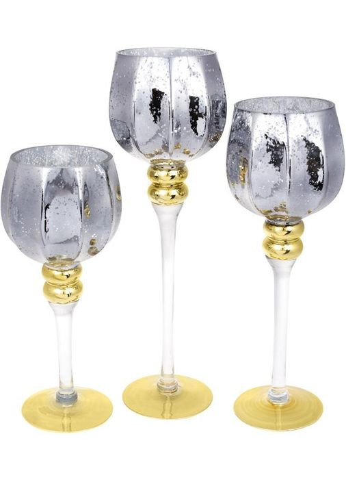 Набор 3 подсвечников Christel стеклянные графитовые для декора интерьера уютный светильник Bona (368991086)