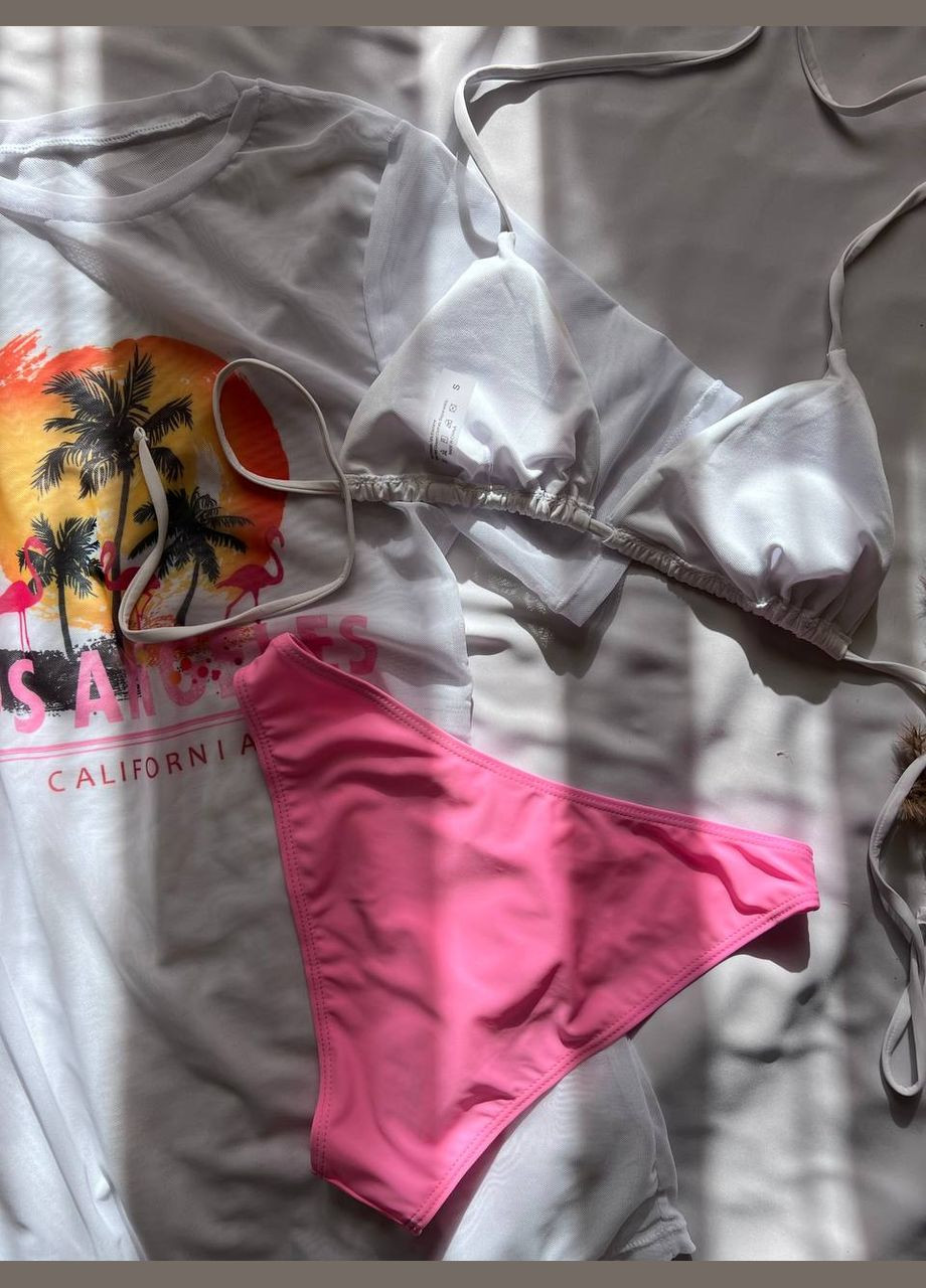 Белый летний набор тройка женский раздельный купальник: лиф, плавки, футболка 3 в 1 california черно-оранжевый No Brand