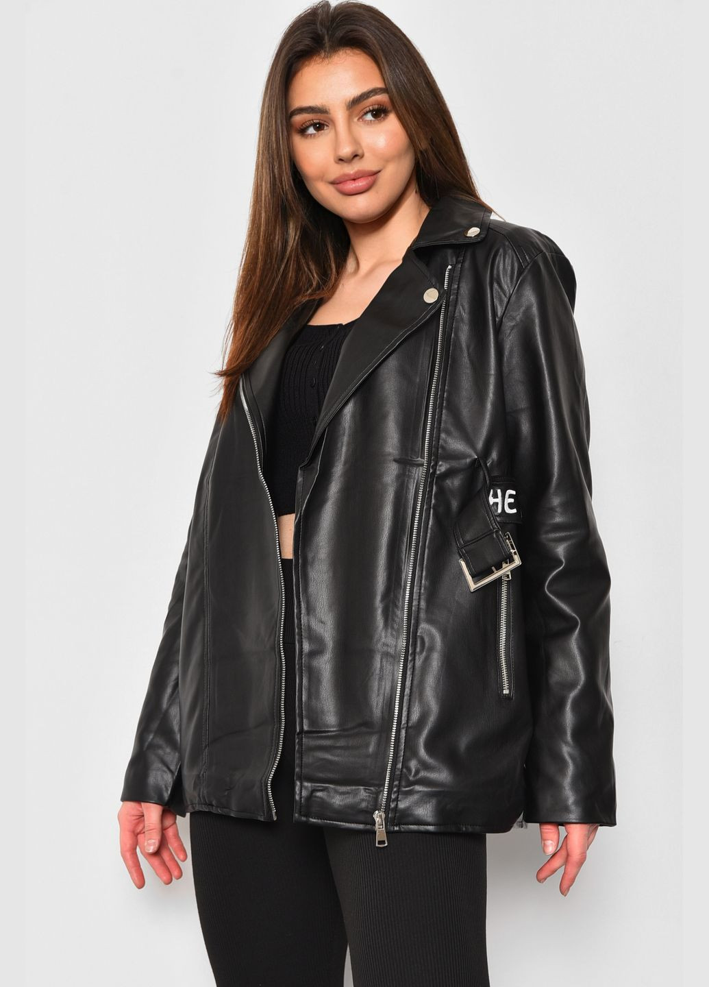 Черная демисезонная куртка женская из экокожи черного цвета Let's Shop