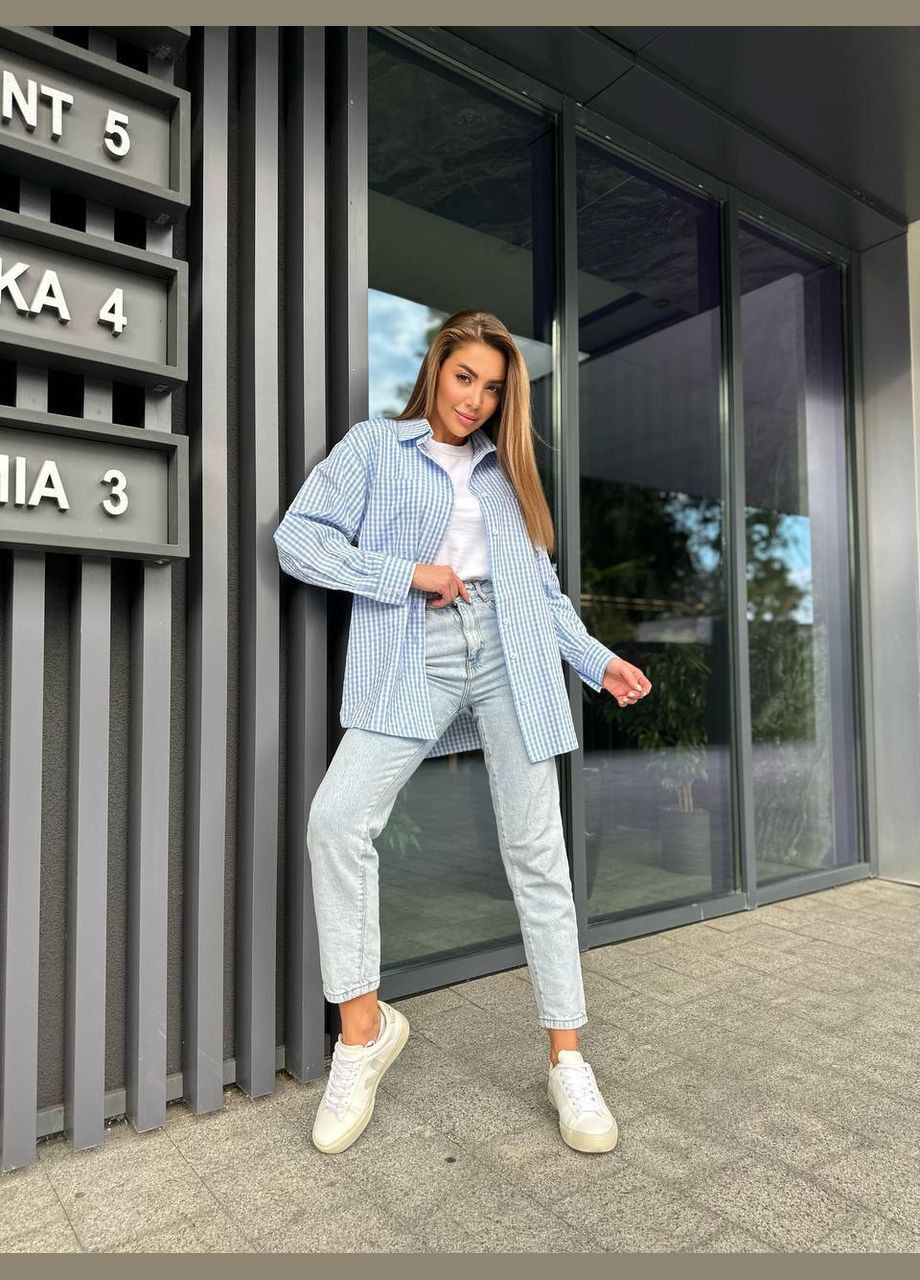 Голубой повседневный рубашка в клетку MonCher с длинным рукавом