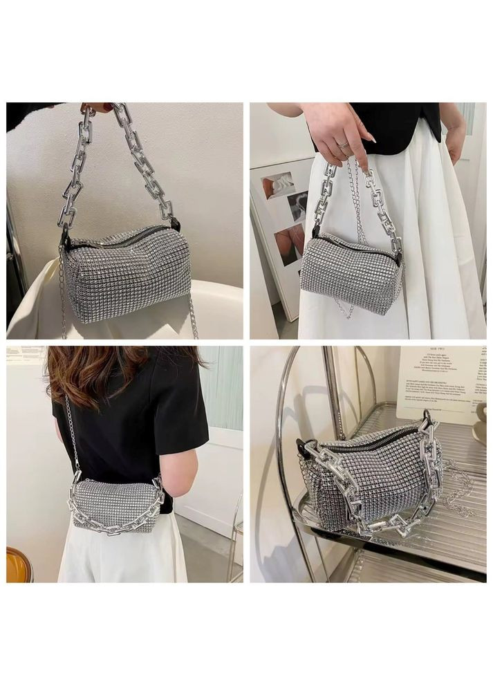 Женская стильная мини сумочка серебристая со стразами вечерняя прогулочная через плечо No Brand (317921464)