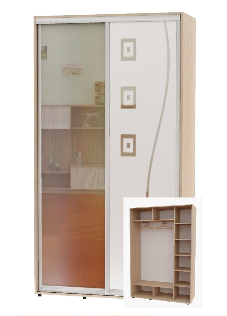Шафа-купе дводверна 140*45*250 Дуб молочний Дзеркало/Дзеркало з піскострумним малюнком Алекса (360478457)