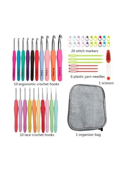 Набор для вязания крючком с пряжей и аксессуарами в косметичке, серый цвет. Крючков (337341896)