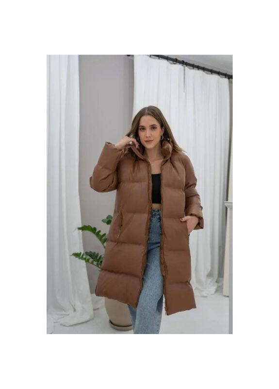 Коричнева зимня куртка жіноча еко шкіра пуховик (коричнева), розмір одягу s-m, колір коричневий KRK KARAKAS