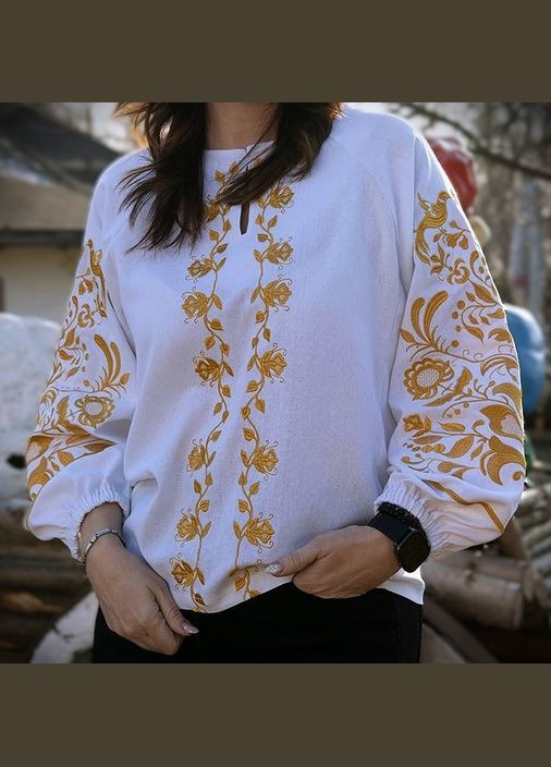 Біла жіноча вишиванка «сімейне дерево» біла лляна з жовто-золотою вишивкою візерунок орнамент приталена, вільна, пряма льон (333616101)