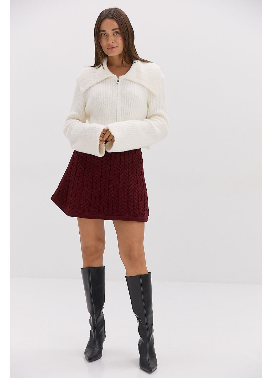 Укорочена вязана кофта з блискавкою бордова Arjen (314901652)