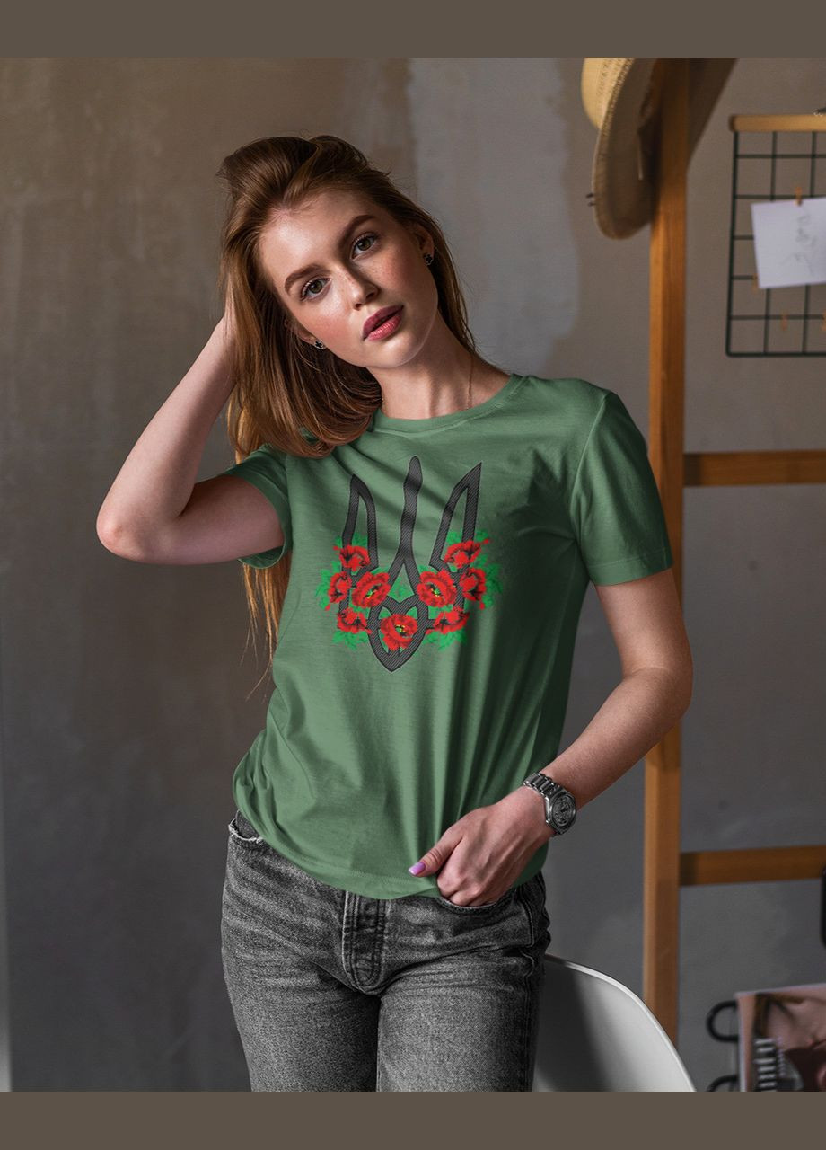 Хакі (оливкова) літня футболка жіноча з гербом україни хакі 44 Mishe 240020