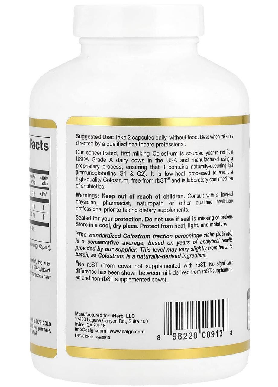 Молозиво из 20 % иммуноглобулинов IgG (Colostrum), 240 растительных капсул. California Gold Nutrition (370597663)