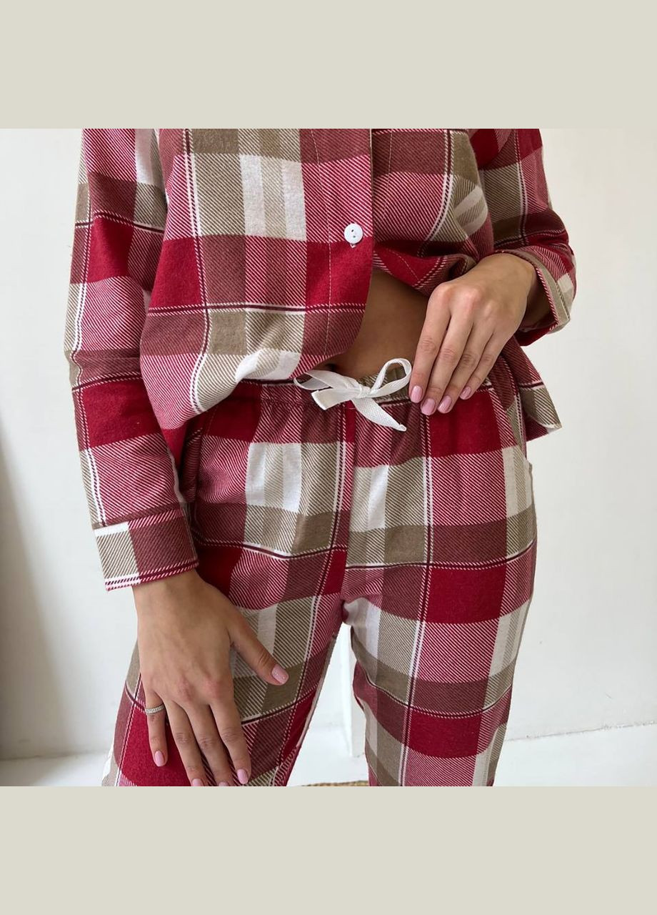 Комбінована піжама (сорочка+штани) жіноча тепла фланель клітинка червона з рожевим f61p Cosy