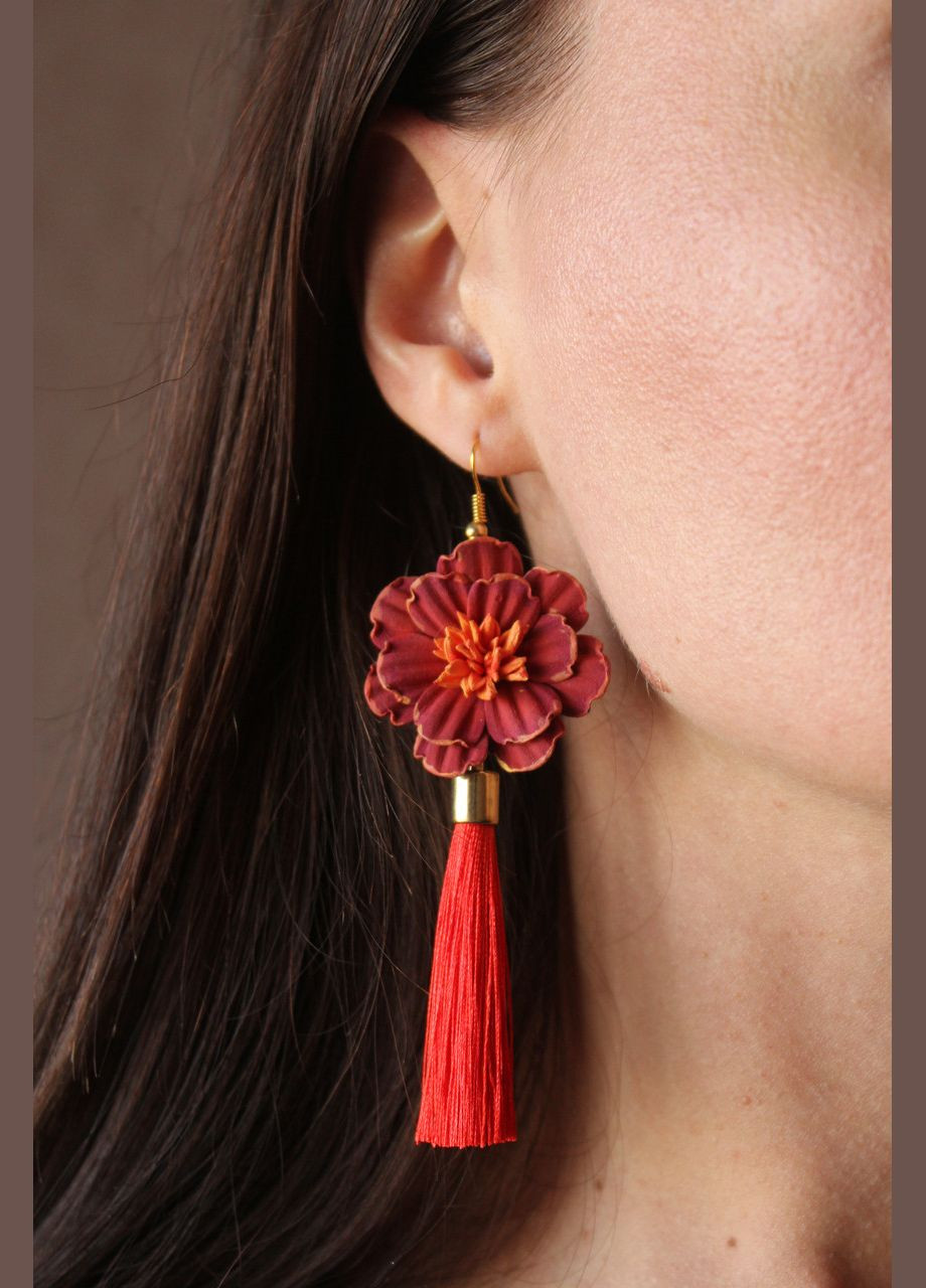 Красные серьги кисточки бордовые бархатцы из полимерной глины Handmade (321971043)