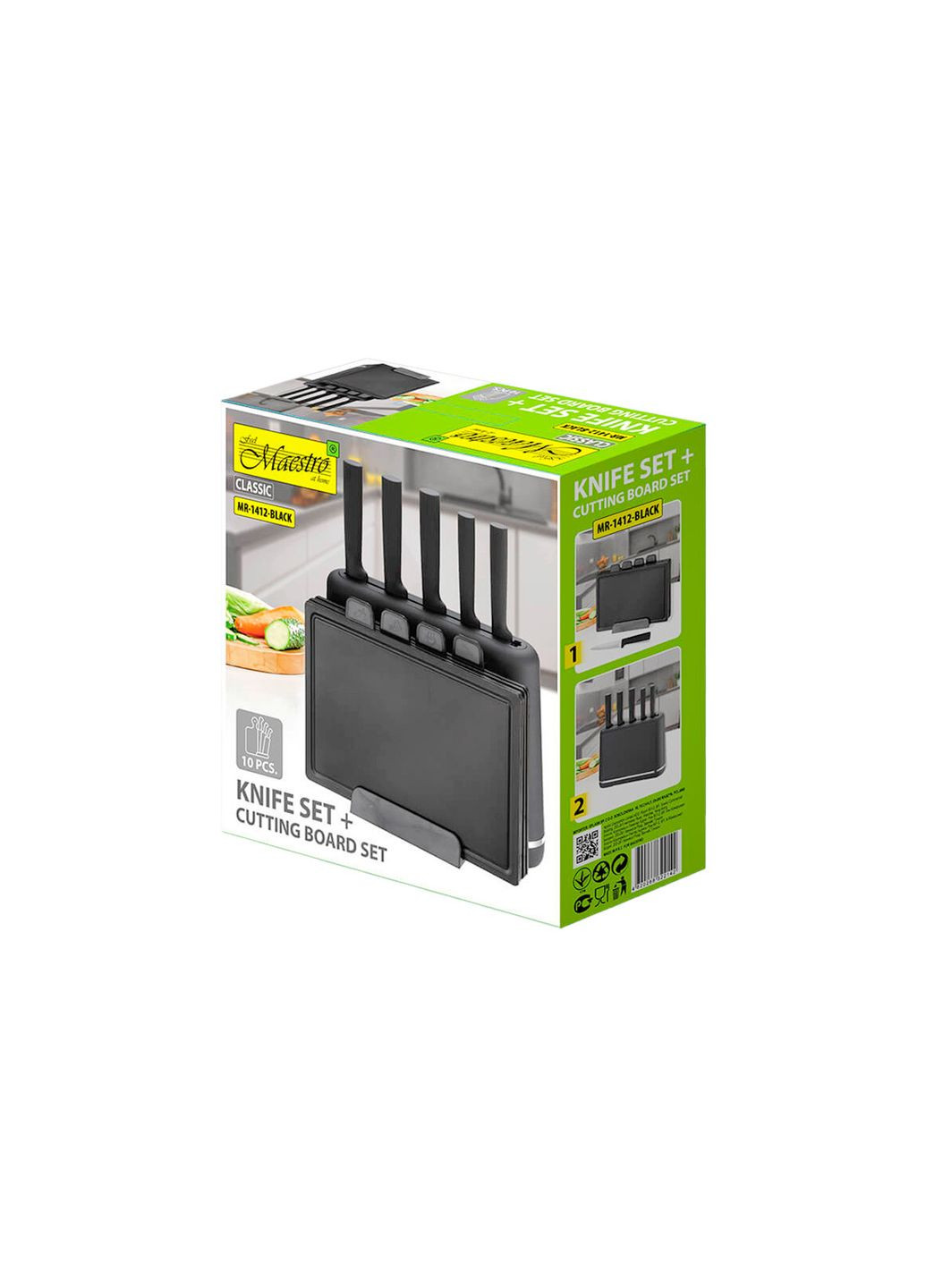 Набор кухонных ножей 5 шт. с разделочными досками 4 шт. черный антикоррозийный для кухни Maestro комбинированные,