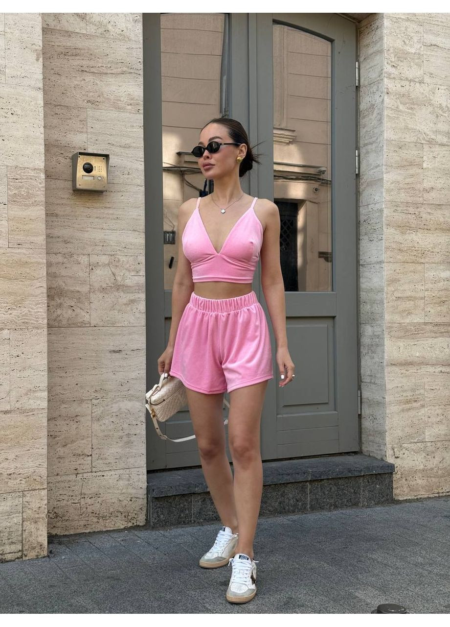 Велюровий домашній комплект топ+шорти рожевого кольору 34432 No Brand (358888133)