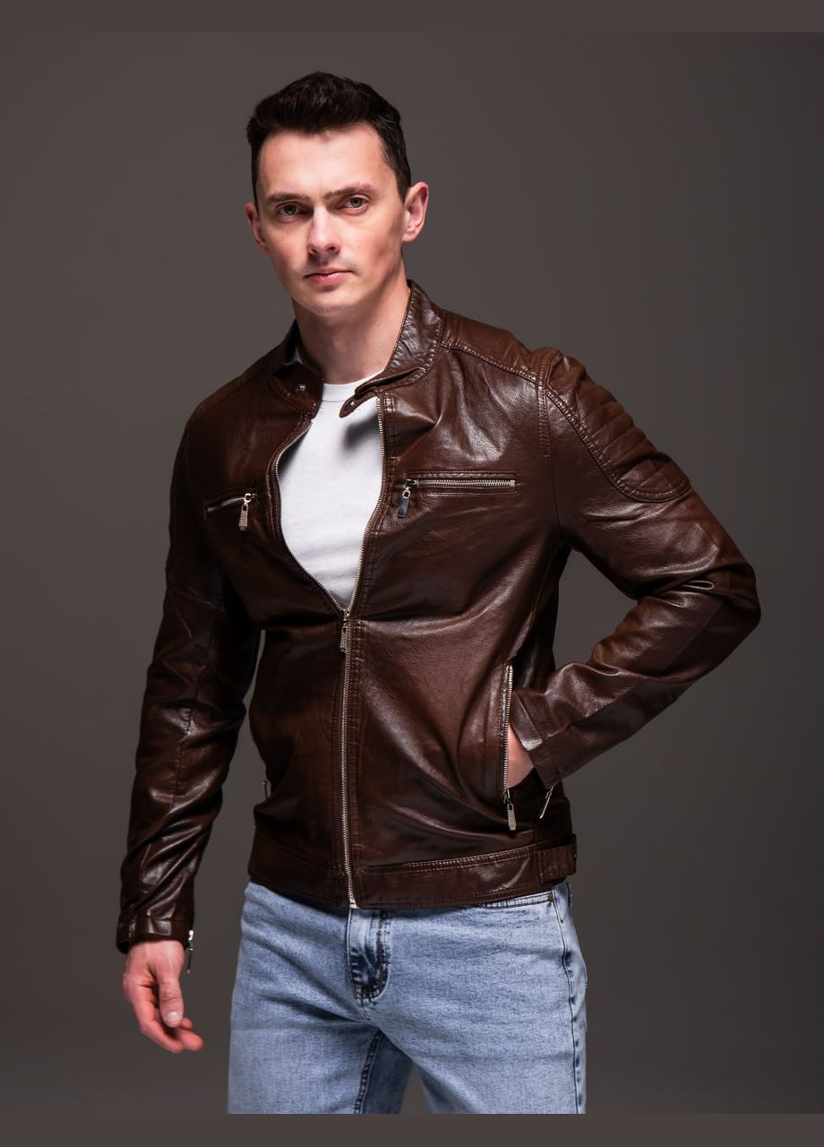 Темно-коричнева демісезонна стильна чоловіча куртка під шкіру Vakko
