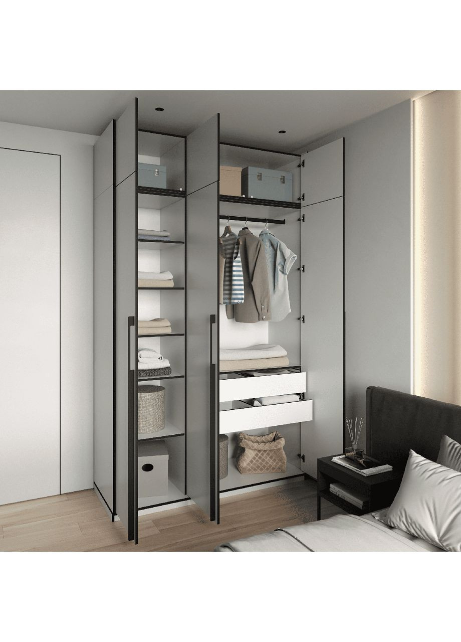 Шкаф распашной на 3 двери со штангой, полками и ящиками R-0016 от Так, 2, Бетон Тефра MORELI (365280291)