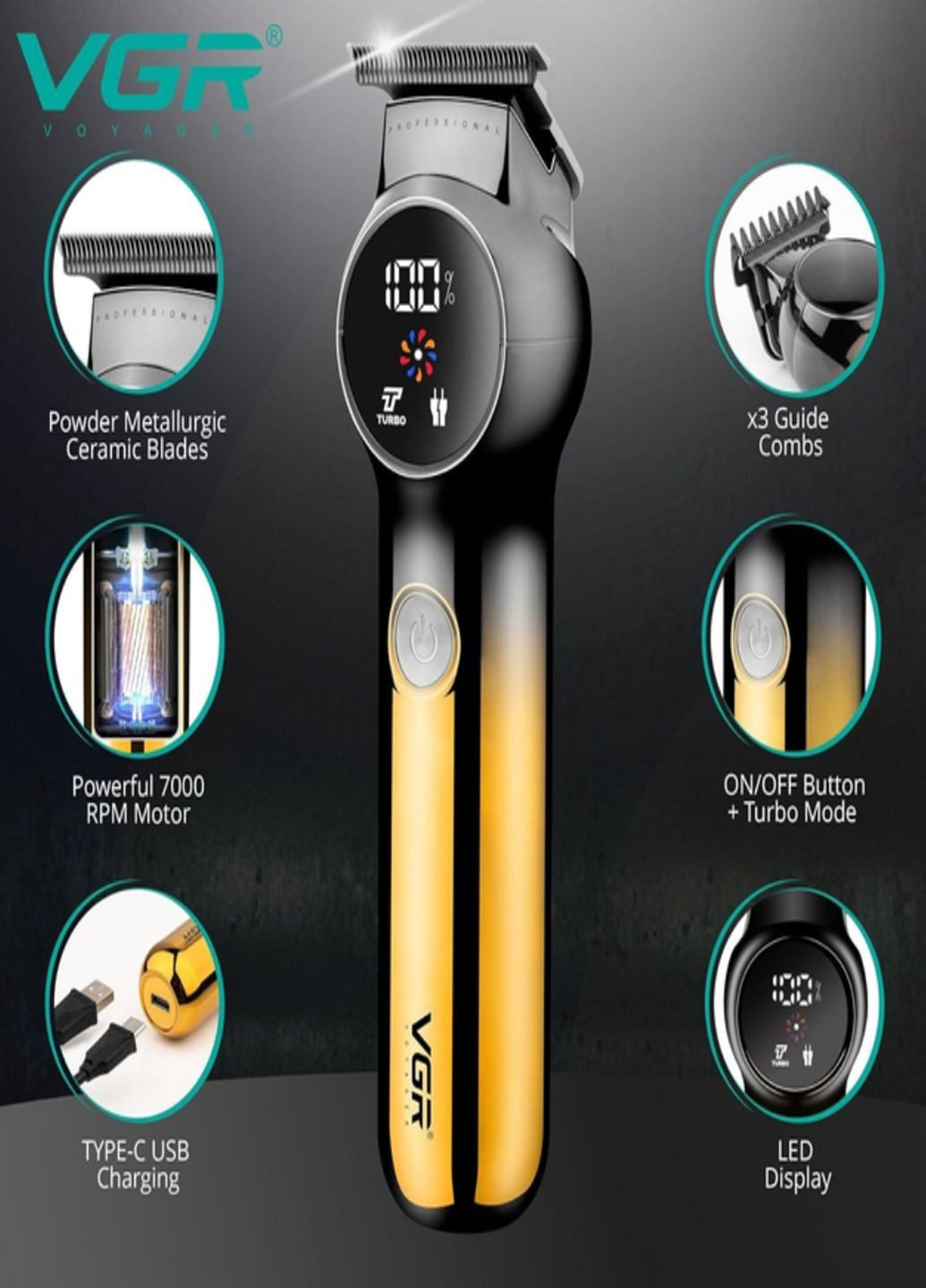 Акумуляторна машинка для стрижки волосся V 989 з керамічними лезами та дисплеєм VGR (317416664)