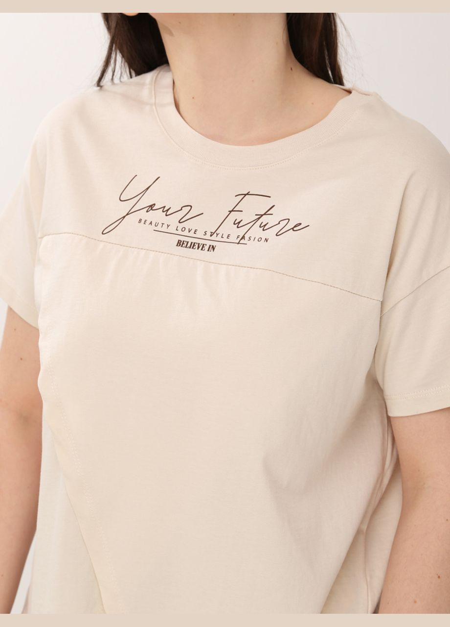 Бежевая летняя футболка женская бежевая с асимметрией с коротким рукавом Whitney Вільна