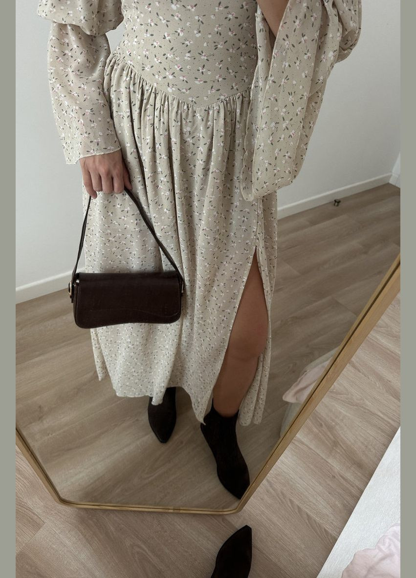 Бежева повсякденний, кежуал сукня міді з корсетом на довгий рукав Twice з квітковим принтом