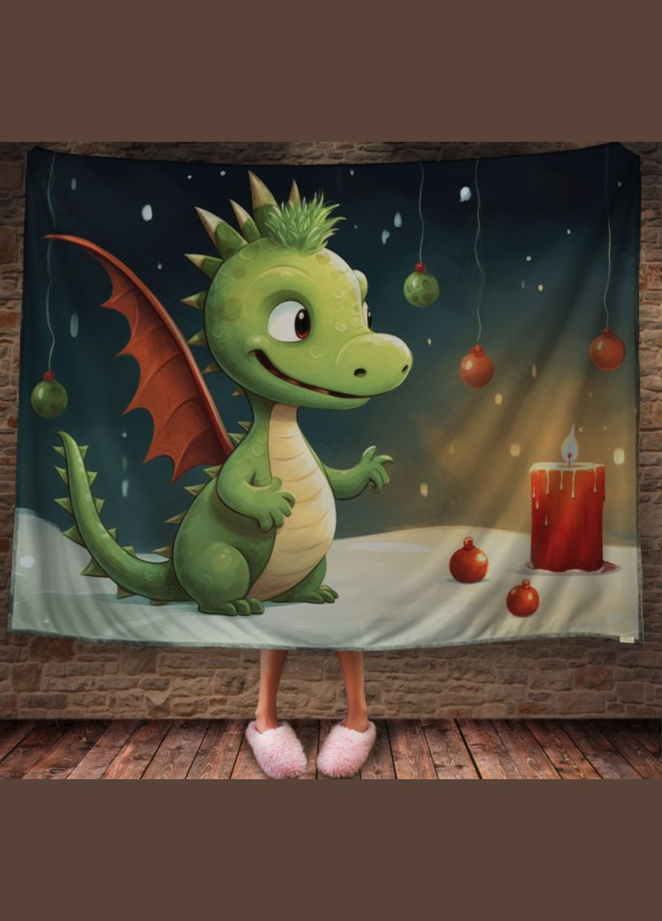 Плед з 3D принтом Різдвяний Дракончик зі свічками в шапці Санта Клауса, Рік Дракона _022 Перша Креативна мануфактура PERFECTUS Плед (301869071)