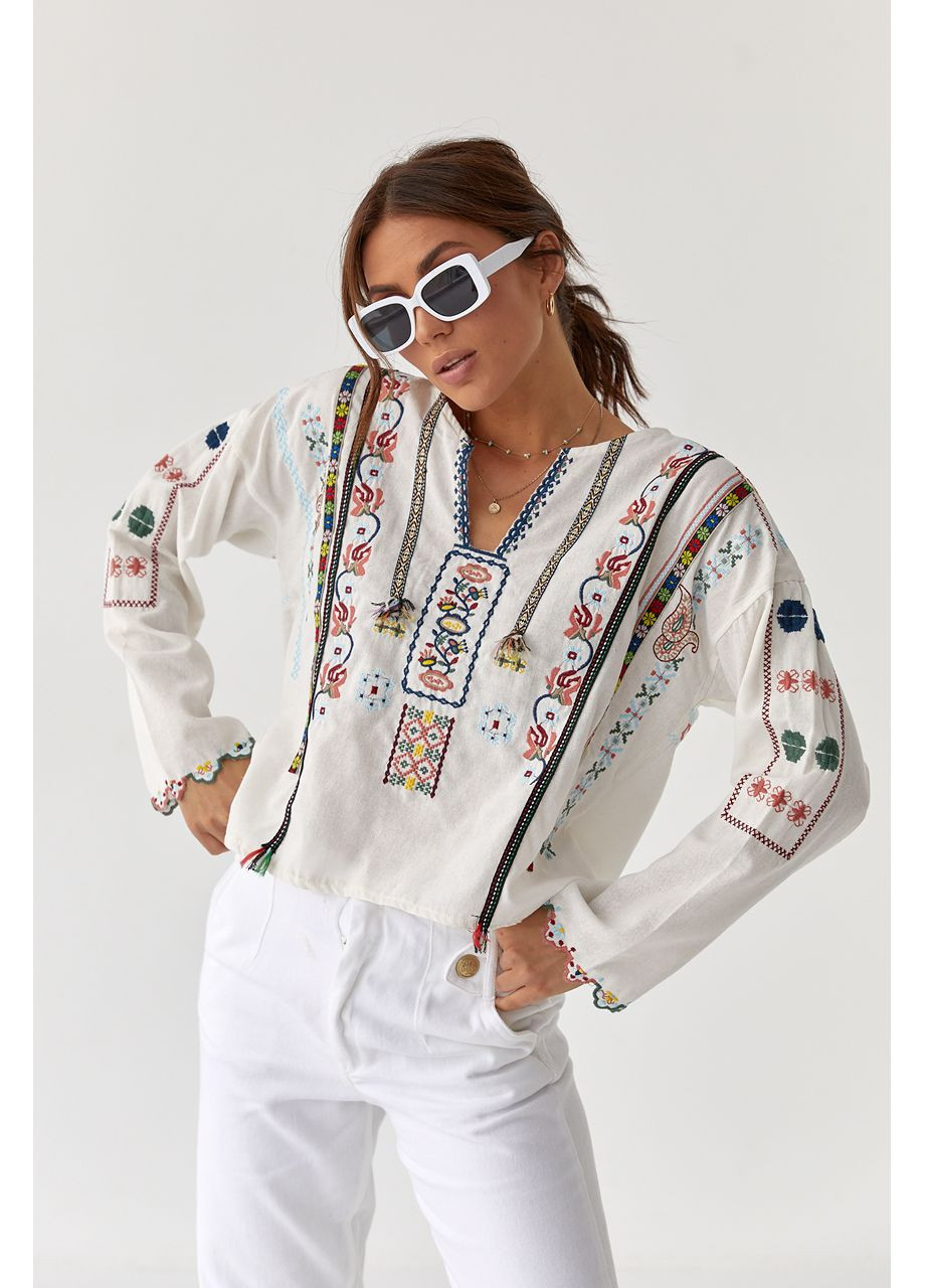 Молочная женская вышиванка с длинными рукавами. ESQ хлопок (354699914)