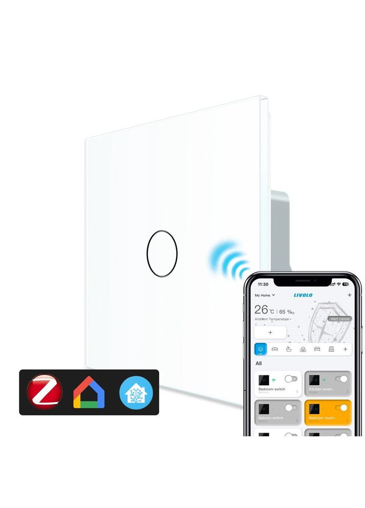 Розумний сенсорний ZigBee вимикач 1 сенсор білий скло (VL-C7FC1Z-2WP) Livolo (370970069)