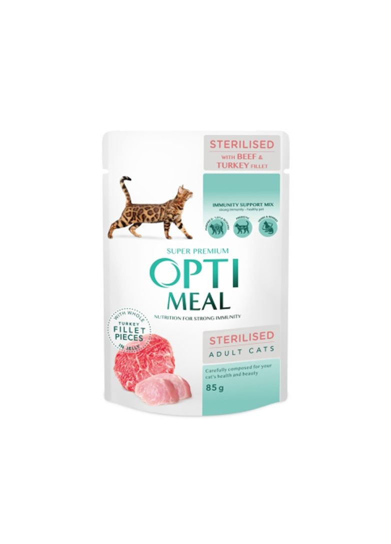 Вологий корм для стерилізованих кішок та кастрованих котів з яловичиною та філе індички ОПТИМІЛ 85 г Optimeal (278309879)