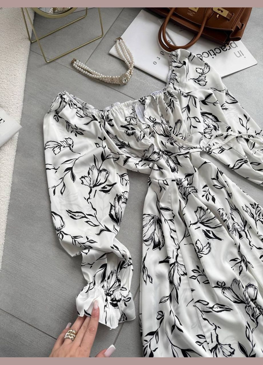 Белое повседневный женское платье с шолка с открытыми плечами, с корсетом Україна с цветочным принтом