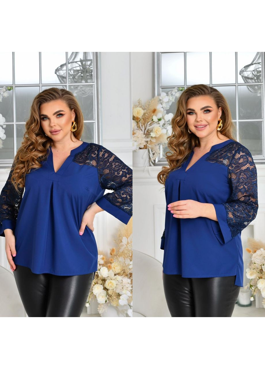 Темно-синя блуза софт+гіпюр,ботал,вкорочений рукав Україна