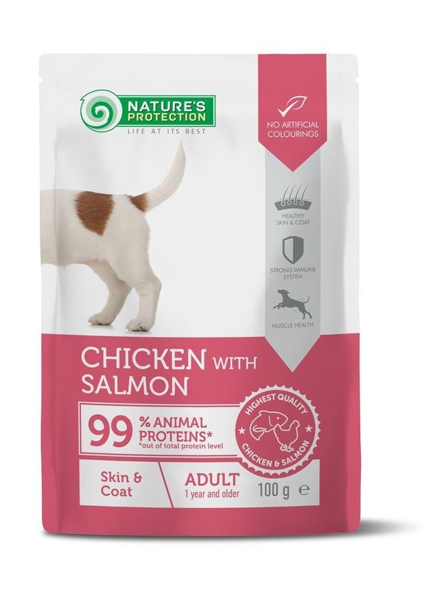 Вологий корм для дорослих собак, для шкіри та вовни Skin & Coat with Chicken and Salmon 100 г Nature's Protection (361259514)