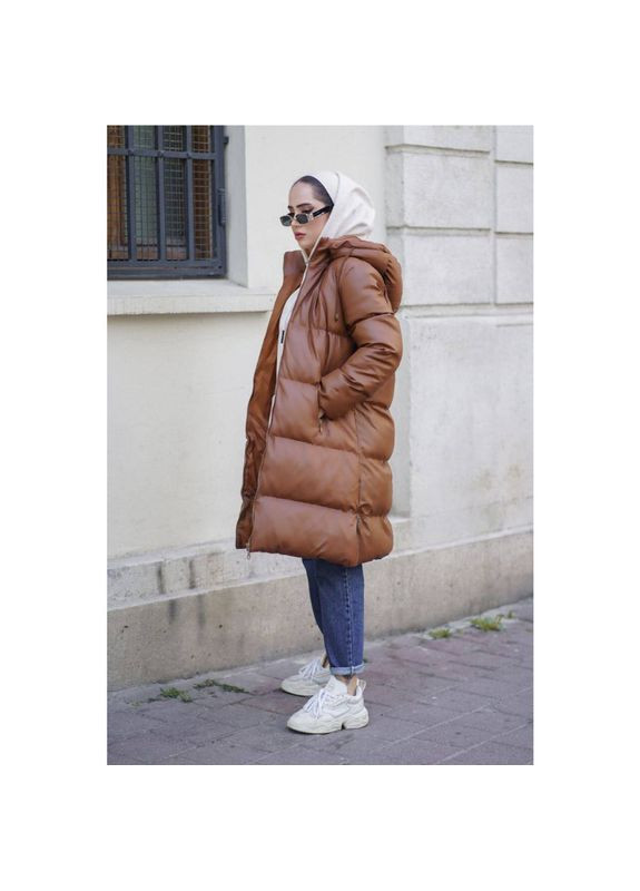 Коричнева зимня куртка жіноча еко шкіра пуховик (коричнева), розмір одягу s-m, колір коричневий KRK KARAKAS