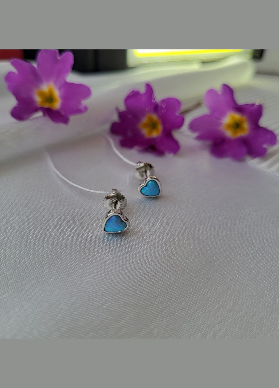 Серебряные серьги гвоздики на закрутках Сердце с голубым опалом серебро 925 пробы Родированное ск2опг/1185 No Brand (306743363)