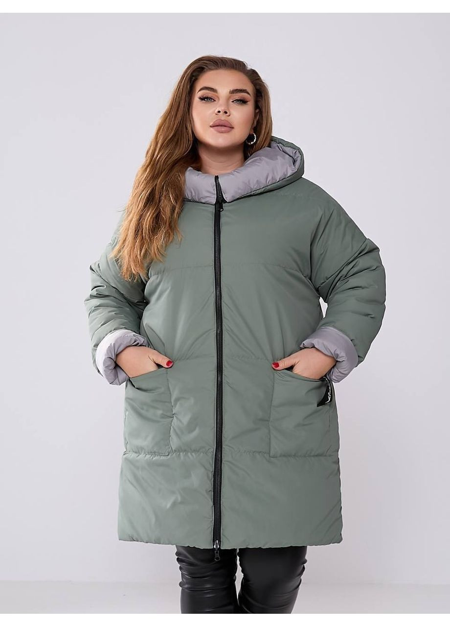 Оливкова зимня 🧥 куртка-пальто двостороння | плащівка лаке + монклер | розмірна сітка в описі DK/DL Мода без кордонів