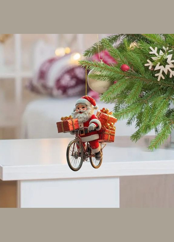Акрилова 2D підвіска – ялинкова іграшка у вигляді Діда Мороза на велосипеді з подарунками, підвіска на ключі, в машину No Brand (314813426)