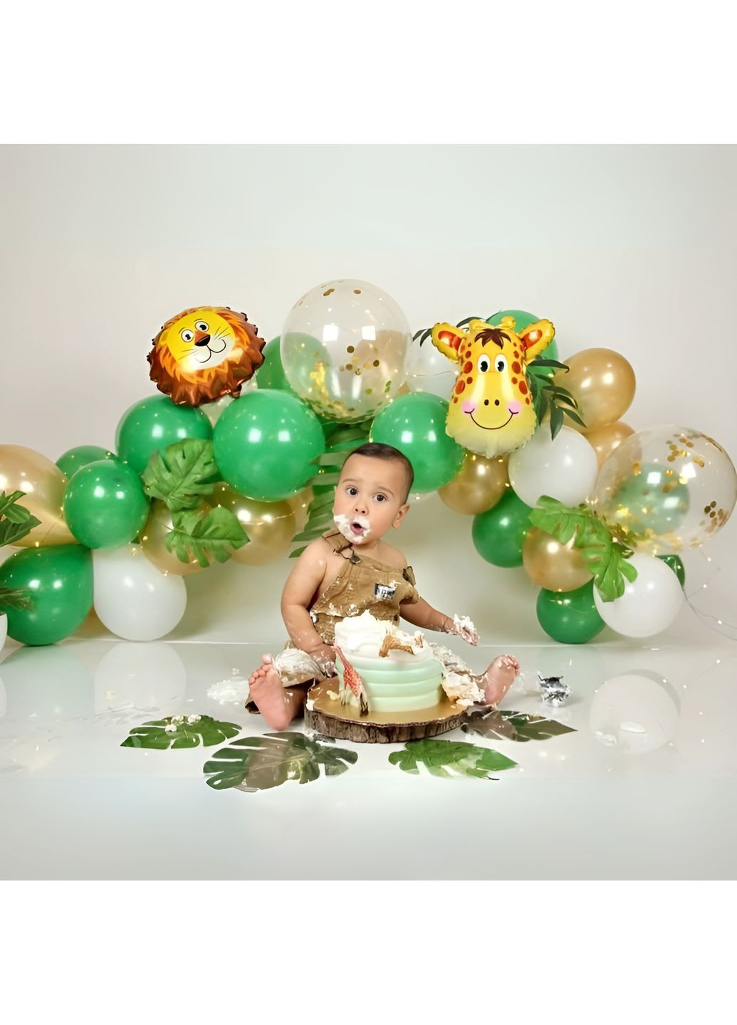Набір 30 куль для фотозони Сафарі для принца з листям та гірляндою Зелений та золото No Brand (360560095)