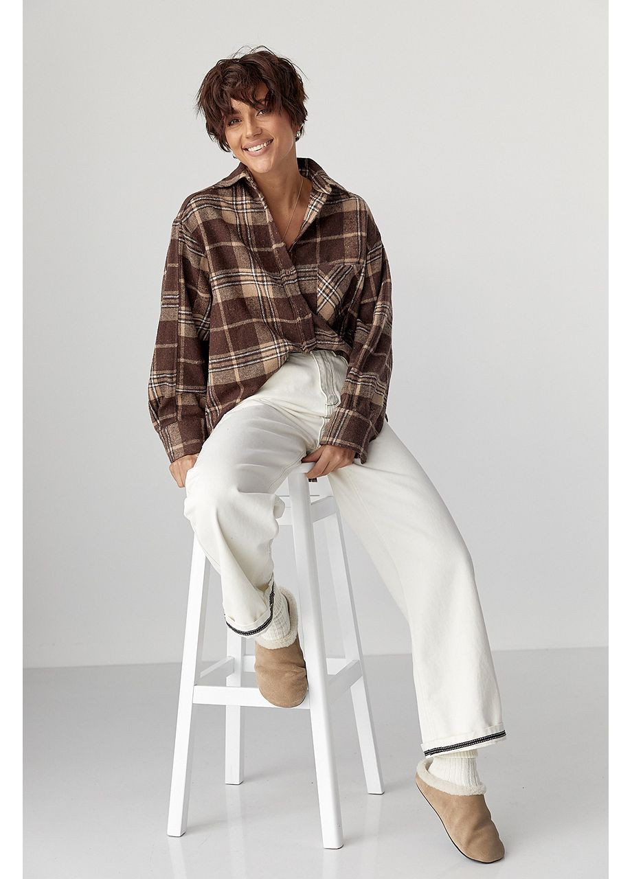 Тепла сорочка в клітку з накладною кишенею - коричневий колір Lurex (370601933)