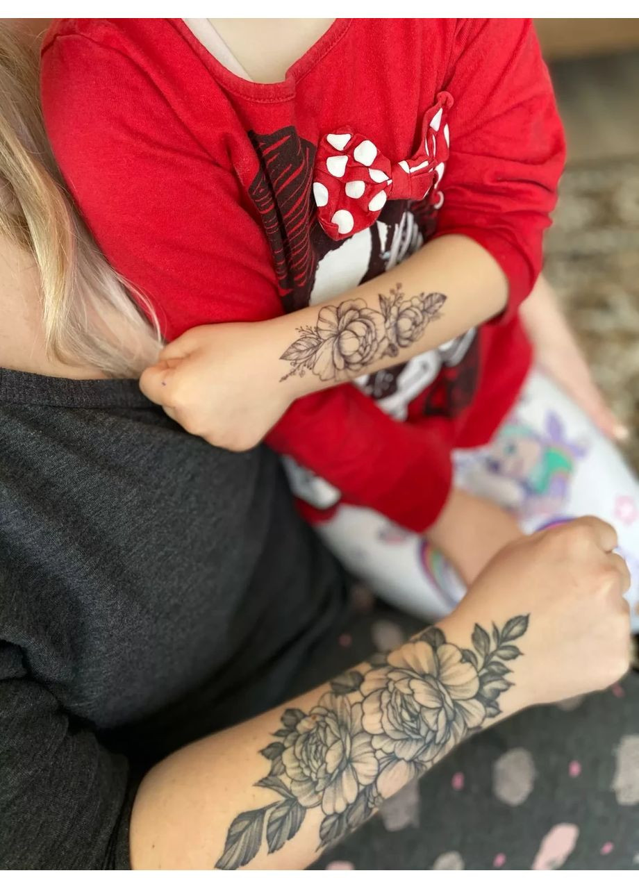 Временное тату Черные пионы 21х15 см набор 18, Fine Line, контурные (TH391) Tattoo (367623493)