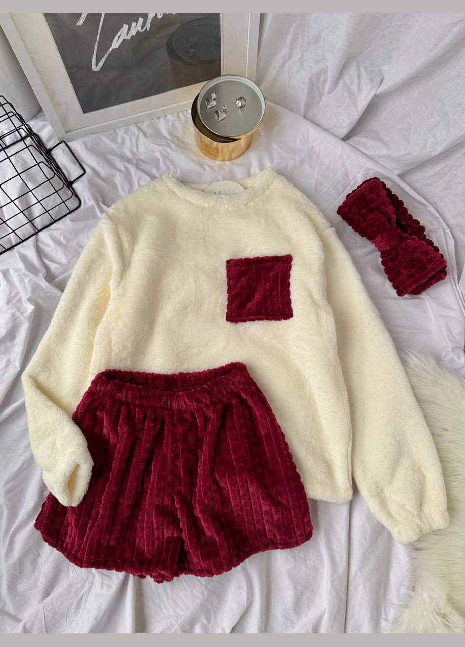 Бордова зимня жіноча піжама світшот + шорти No Brand