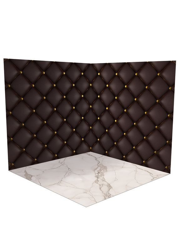 Вініловий фотофон 3D, темна шкіряна стіна капітоне, підлога бежевий мармур і біла дошка, 80×80 см, №58382 PhotoVinyl (354375667)