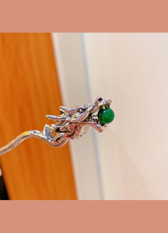 Металева паличка для волосся в азіатському стилі Срібний Дракон з нефритом довжина палички 17,5 см No Brand (332987637)