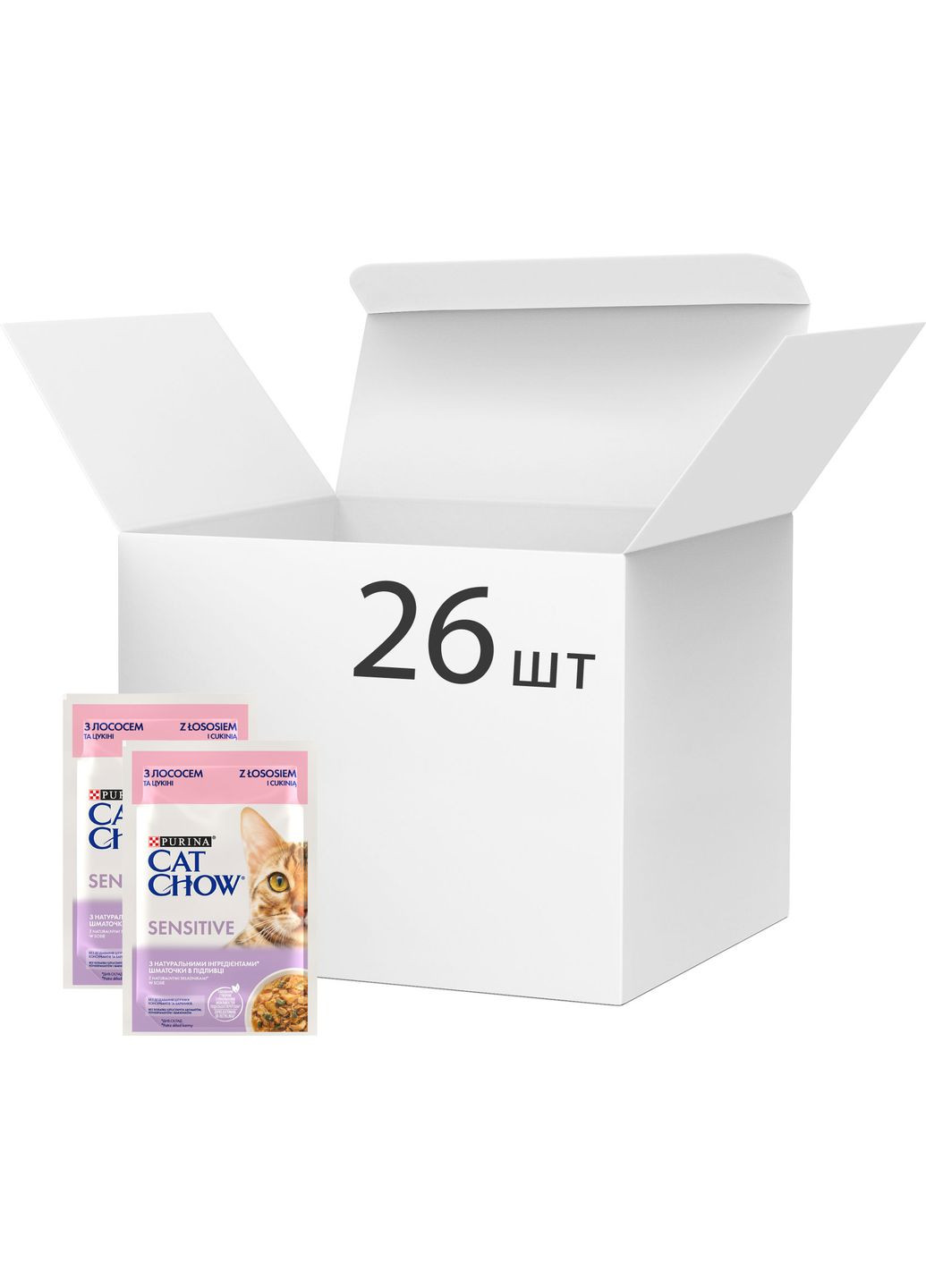 Упаковка вологого корму для котів шматочки в підливці з лососем і цукіні 85 г x 26 шт. Purina Cat Chow (311311027)