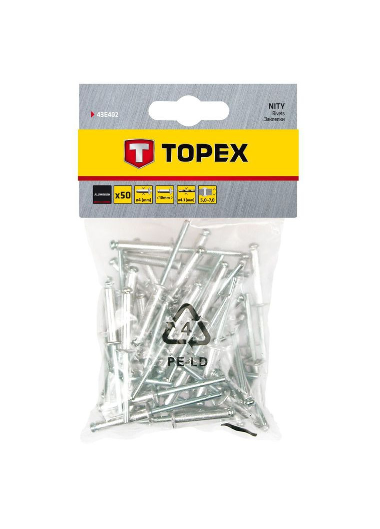 Заклепки (4x10 мм, 50 шт) алюминиевые (23498) Topex (306551232)