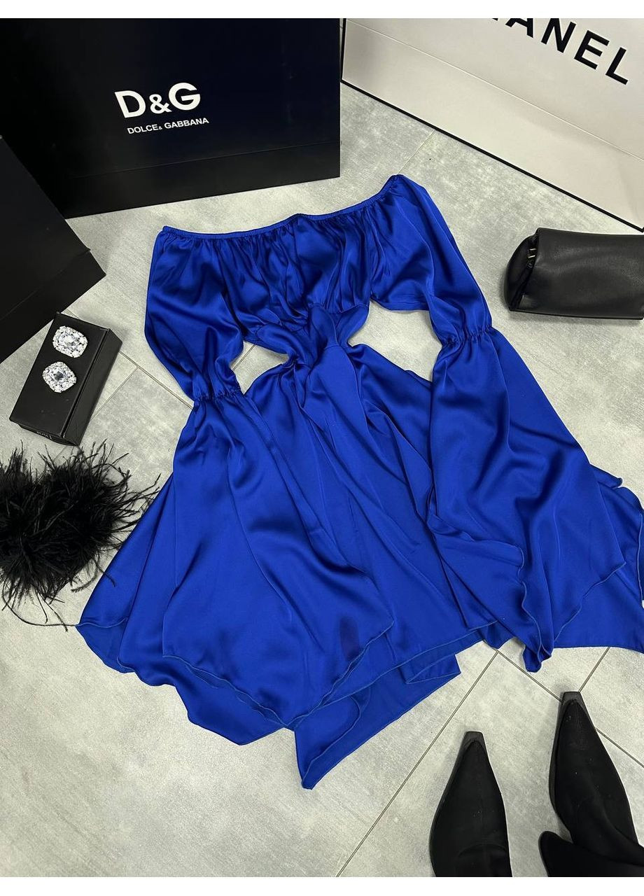 Синее праздничный, вечернее, повседневный, кэжуал женское платье с открытыми плечами No Brand однотонное