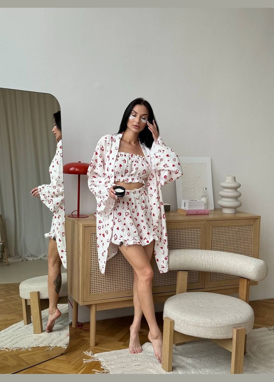 Молочная всесезон женская пижама кофта + майка + шорты + брюки No Brand