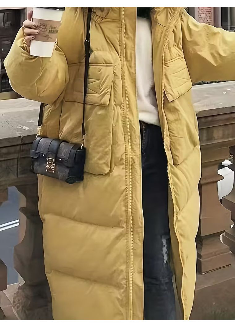Желтое зимнее Женское зимнее лимонно-желтое пальто с капюшоном 2025 размер S оверсайз No Brand