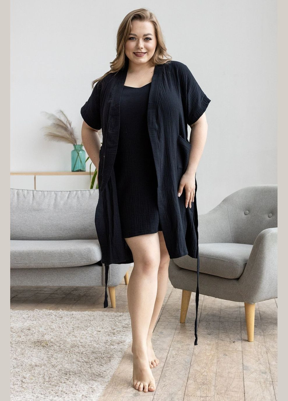 Чорний демісезонний набір домашнього одягу з мусліну кч1807н чорний MiaNaGreen