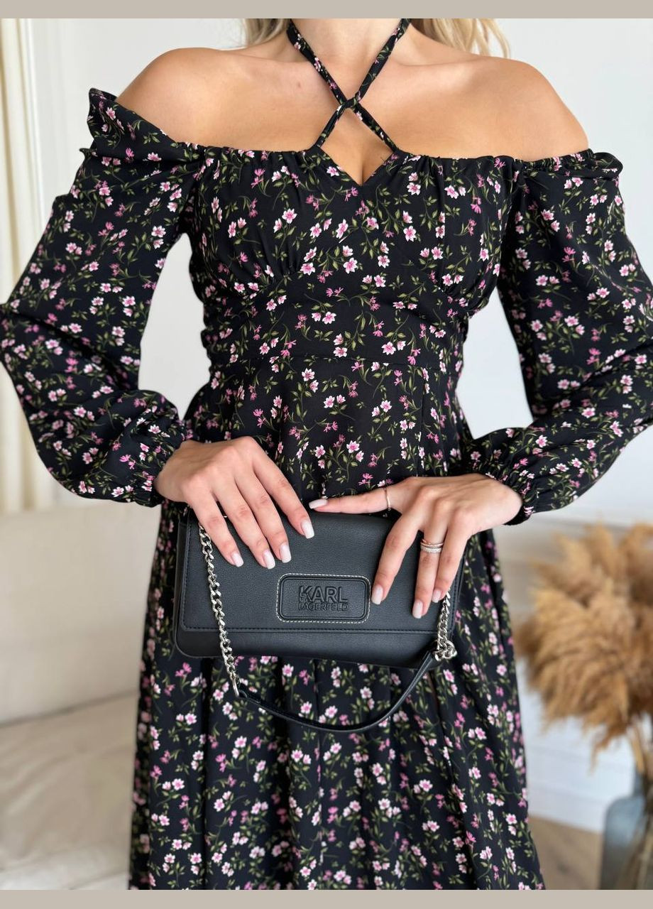 Черное повседневный платье меди в цветочный принт Adelante с цветочным принтом