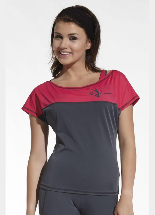 Серая летняя спортивная футболка с широкой горловиной с коротким рукавом Kris Line Cindy grafit/pink